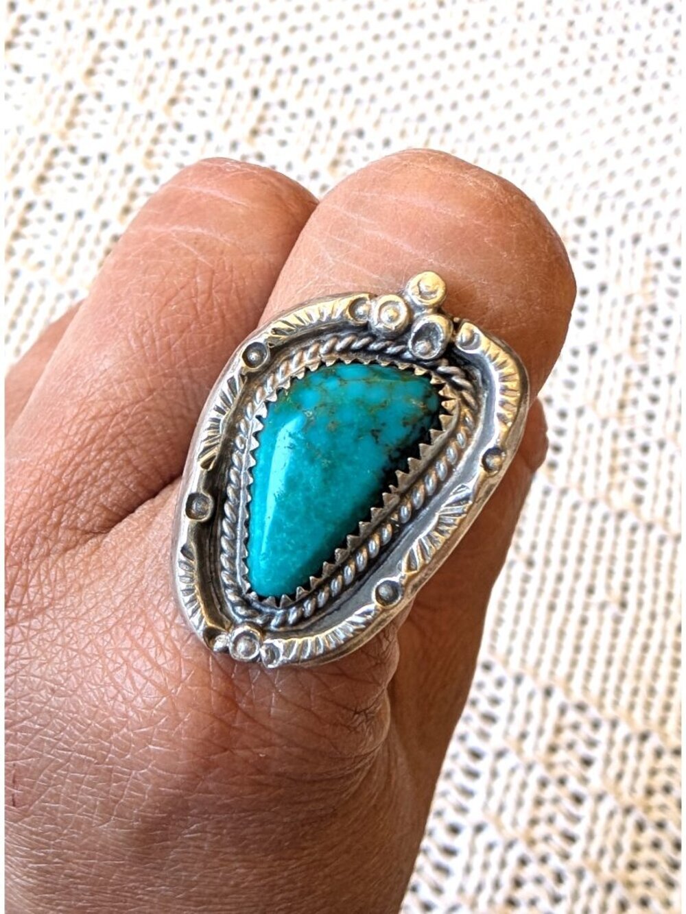 Navajo Sterling Silver Big Turquoise Ring Sz. 7 Native American 10.4g Handmade